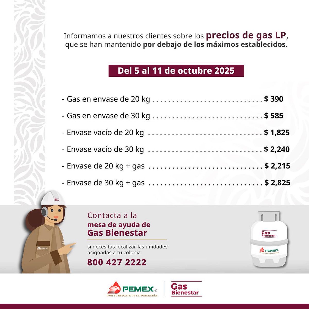 Precios de #GasBienestar vigentes en la Ciudad de México del 5 al 11 de octubre de 2025
