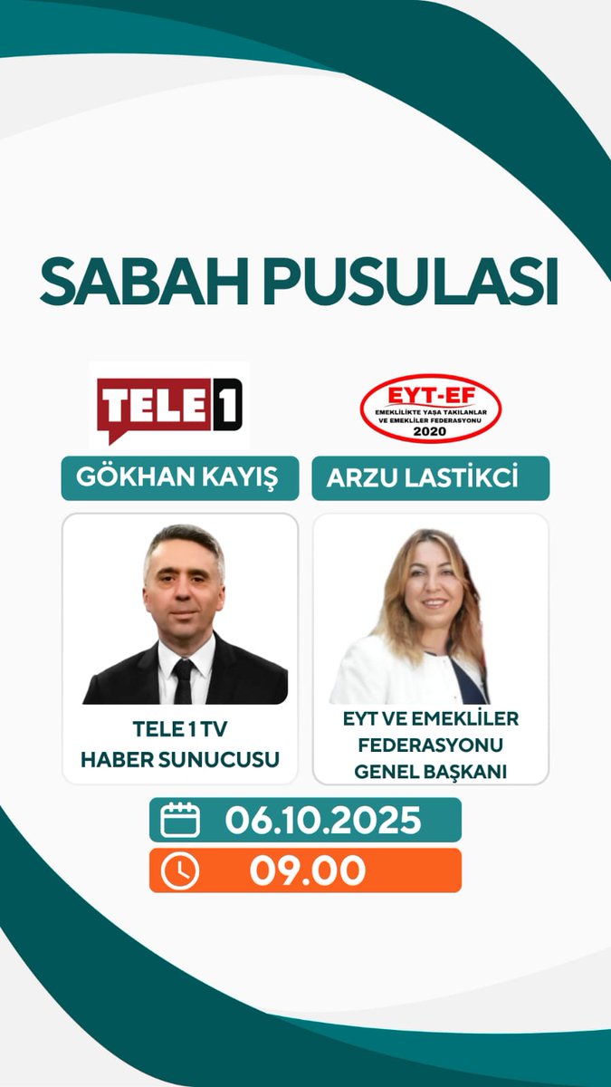 EytEmeklilerFed's tweet photo. 📣DUYURU📣

🗓 06 Ekim Pazartesi (yarın)
⏰ 09.00
📺 @tele1comtr

@EytEmeklilerFed Genel Başkanı Sayın @ArzuLastikci

Sayın @gkayis in sunduğu Sabah Pusulası'nın canlı yayın konuğu olacaktır.

İzlemeniz dileğiyle..

#EmekliMaaşıOnurKırıcı
#5000KısmininOnurunuKırdınız

@EYT_ED https://t.co/jMadFj6JN2
