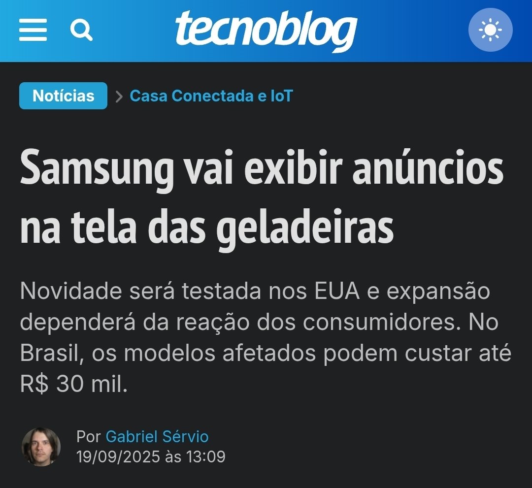 giovannibassi's tweet image. Eu estava considerando comprar uma geladeira caríssima da @SamsungBrasil, mas desisti depois de ficar sabendo que eles agora vão mostrar propagandas na tela de geladeiras, algo que não acontecia antes.

Isso é inaceitável e uma invasão.
Vou atrás de uma geladeira burra e de outra…