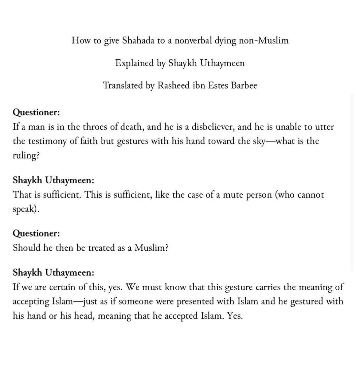 How to give Shahada to a nonverbal dying non-Muslim Explained by Shaykh Uthaymeen

x.com/mtwsnc/status/…