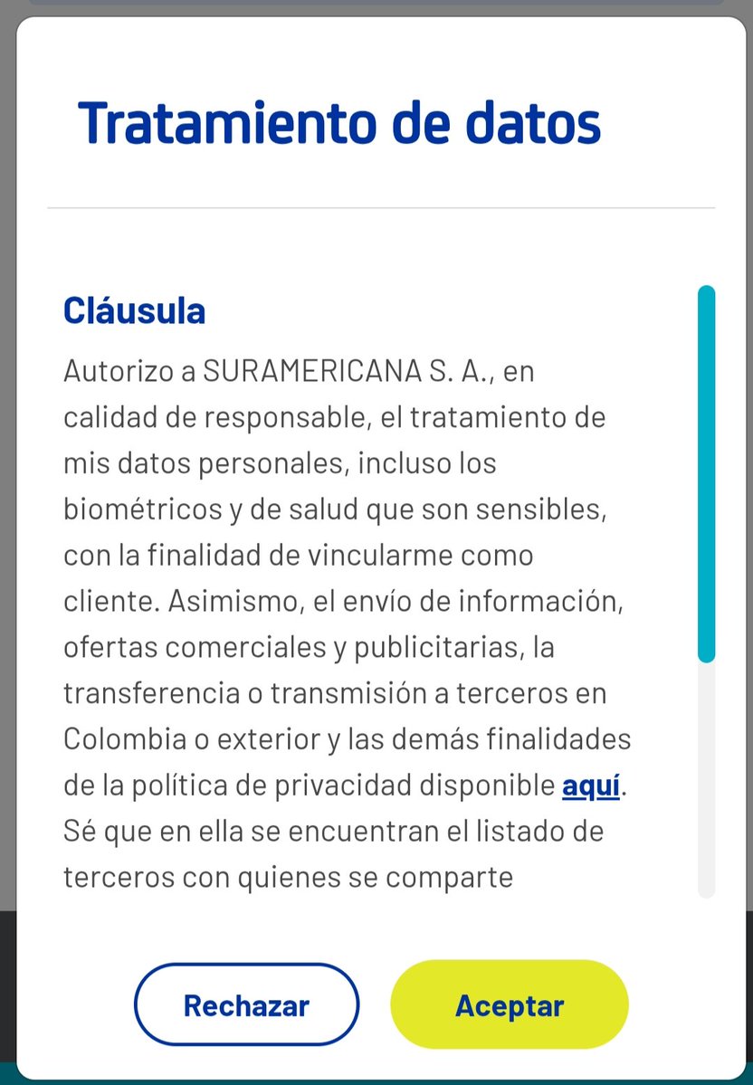 Edison Soto (@easotor) on Twitter photo Impresionante que <a href="/SegurosSURAcol/">Seguros SURA Colombia</a> pida tantos datos personales solo para comprar un SOAT y además obligue a aceptar una cláusula cuestionable. Terminé comprándolo con otra compañía que no exige eso. Impresionante que <a href="/SegurosSURAcol/">Seguros SURA Colombia</a> pida tantos datos personales solo para comprar un SOAT y además obligue a aceptar una cláusula cuestionable. Terminé comprándolo con otra compañía que no exige eso.