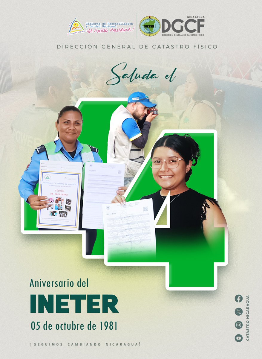 #Nicaragua 🇳🇮 Hoy conmemoramos el 44 Aniversario de Fundación del INETER.

Desde la Dirección General de Catastro Físico, nos enorgullece ser parte de esta gran familia institucional que trabaja día a día por un Catastro moderno, eficiente y al servicio del pueblo nicaragüense.