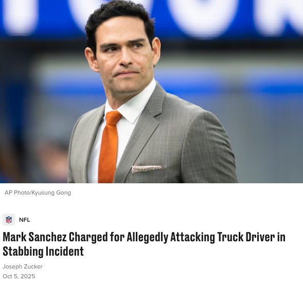 stphn___'s tweet photo. @FOS Cute wording.  Here's a more accurate description - "Mark Sanchez Charged for Allegedly Attacking Truck Driver in Stabbing Incident" https://t.co/pk1Tt1Pjn7