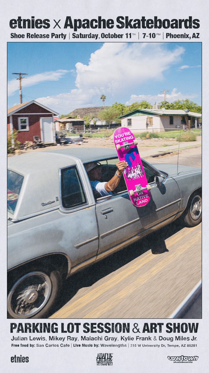 Please join us <a href="/CowtownSkate/">Cowtown Skateshop</a> as we celebrate the <a href="/etnies/">etnies</a> X Apache Colab 
Don’t be on Indian Time. Read the flyer 😄