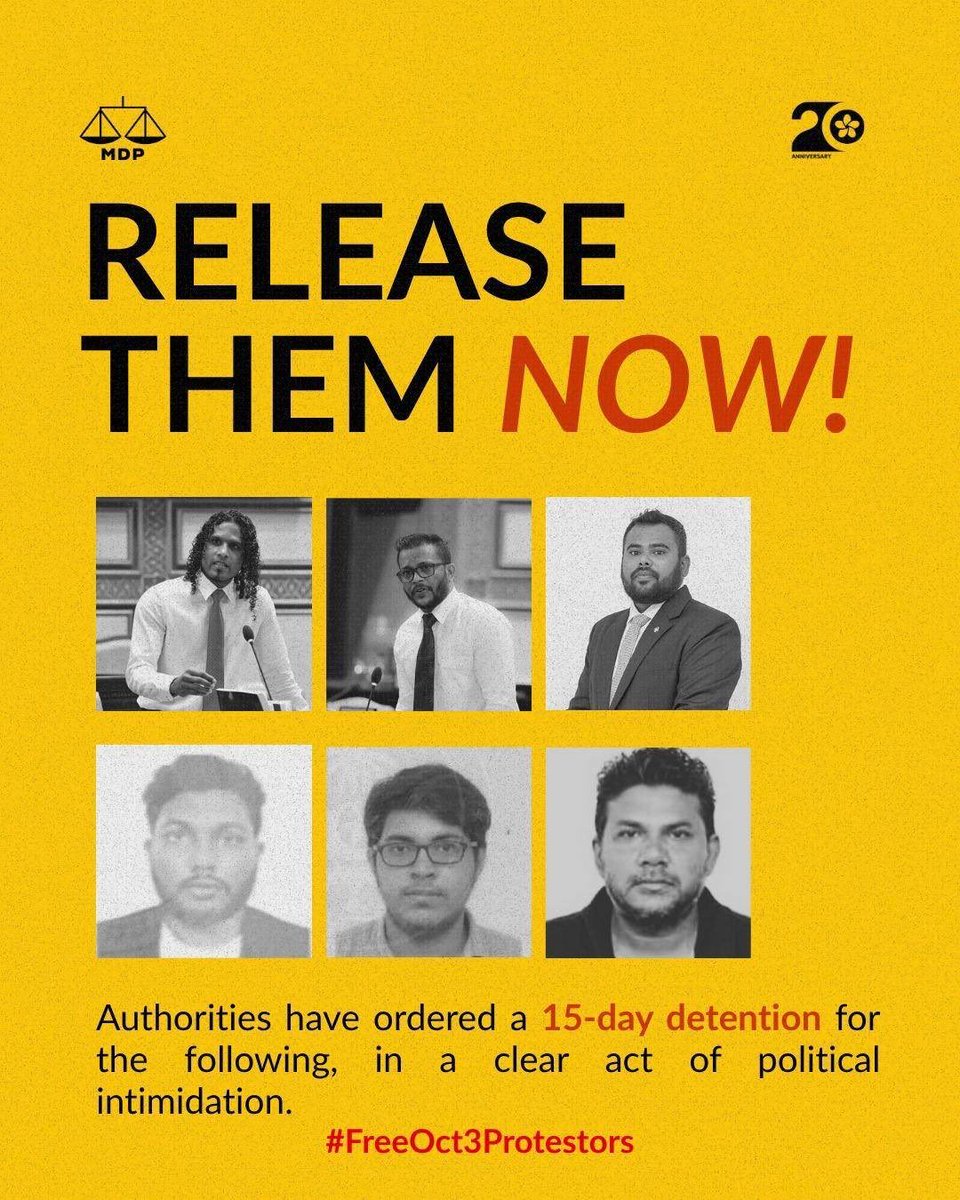 Free <a href="/Yaugoob181/">Yaugoob Abdulla</a> 
Free <a href="/YasirLathyf/">Yasir Abdul Latheef</a> 
Free Maafushi Council Raees Hassan Solah
Free Azeem
Free Juman and 
Free Shakir now. 
#FreeOct3Protestors