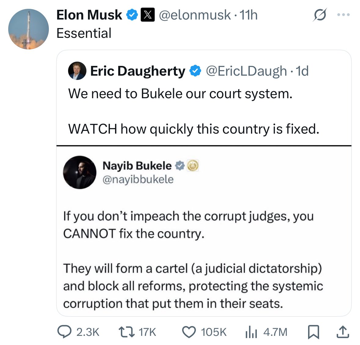 JamesSurowiecki's tweet photo. Federal judges in the U.S. can only be impeached for treason, bribery, or other "high crimes and misdemeanors." Handing down a decision you disagree with is not grounds for impeachment. Calls for "Bukele-ing" our court system are calls for trampling on the Constitution. https://t.co/nqBvfoFd4G