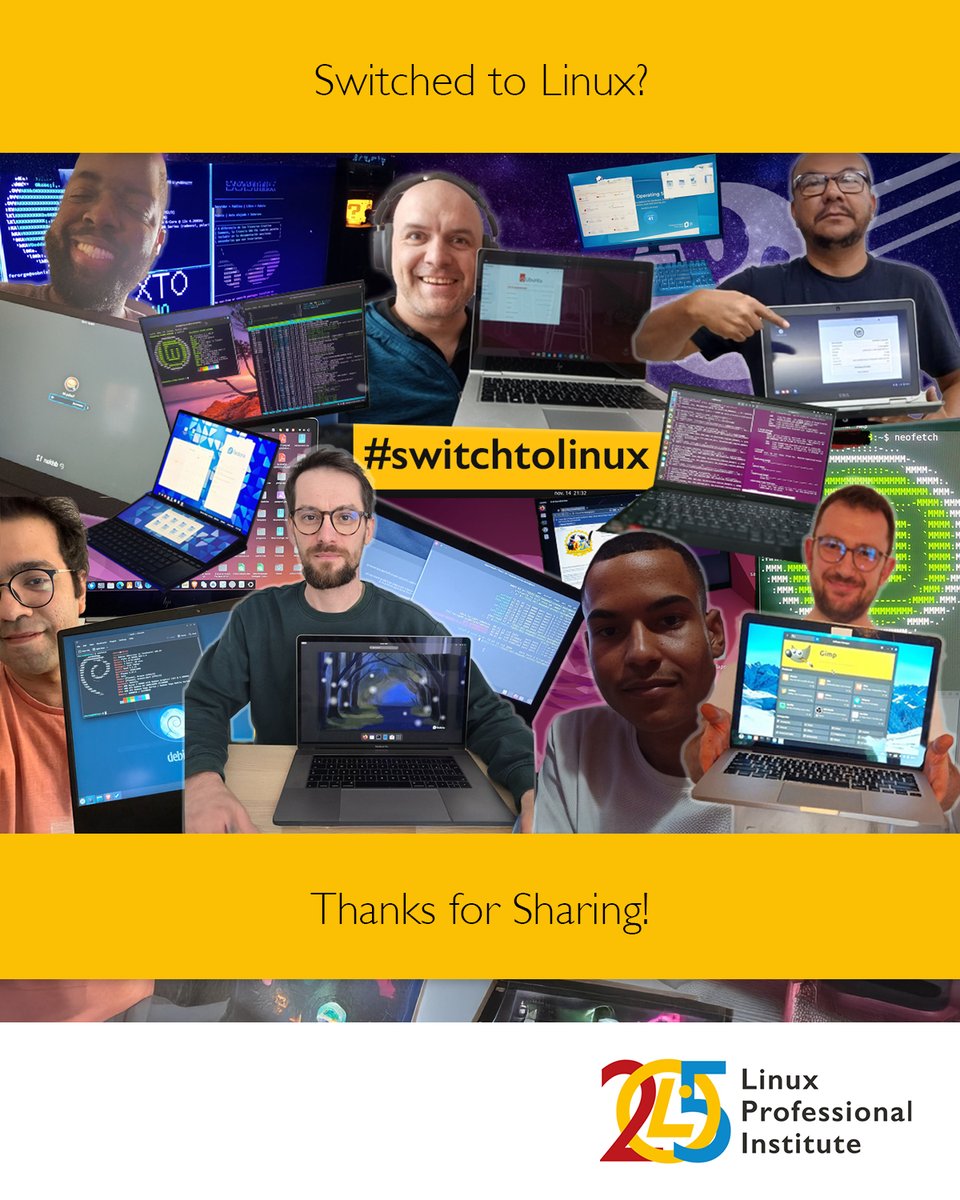 LPIConnect's tweet image. Thanks to everyone who switched their OS to #Linux & shared posts or tagged us! 🐧
You’ve helped spread #FOSS & inspired more people to explore #opensource.
#switchtolinux campaign with 25% off #LinuxEssentials ends Oct 31! More info: lpi.org/l4bl
@UpgradeToLinux_
