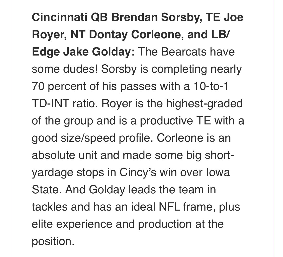 High praise for four #Bearcats from NFL Draft expert Todd McShay (<a href="/McShay13/">Todd McShay</a>):