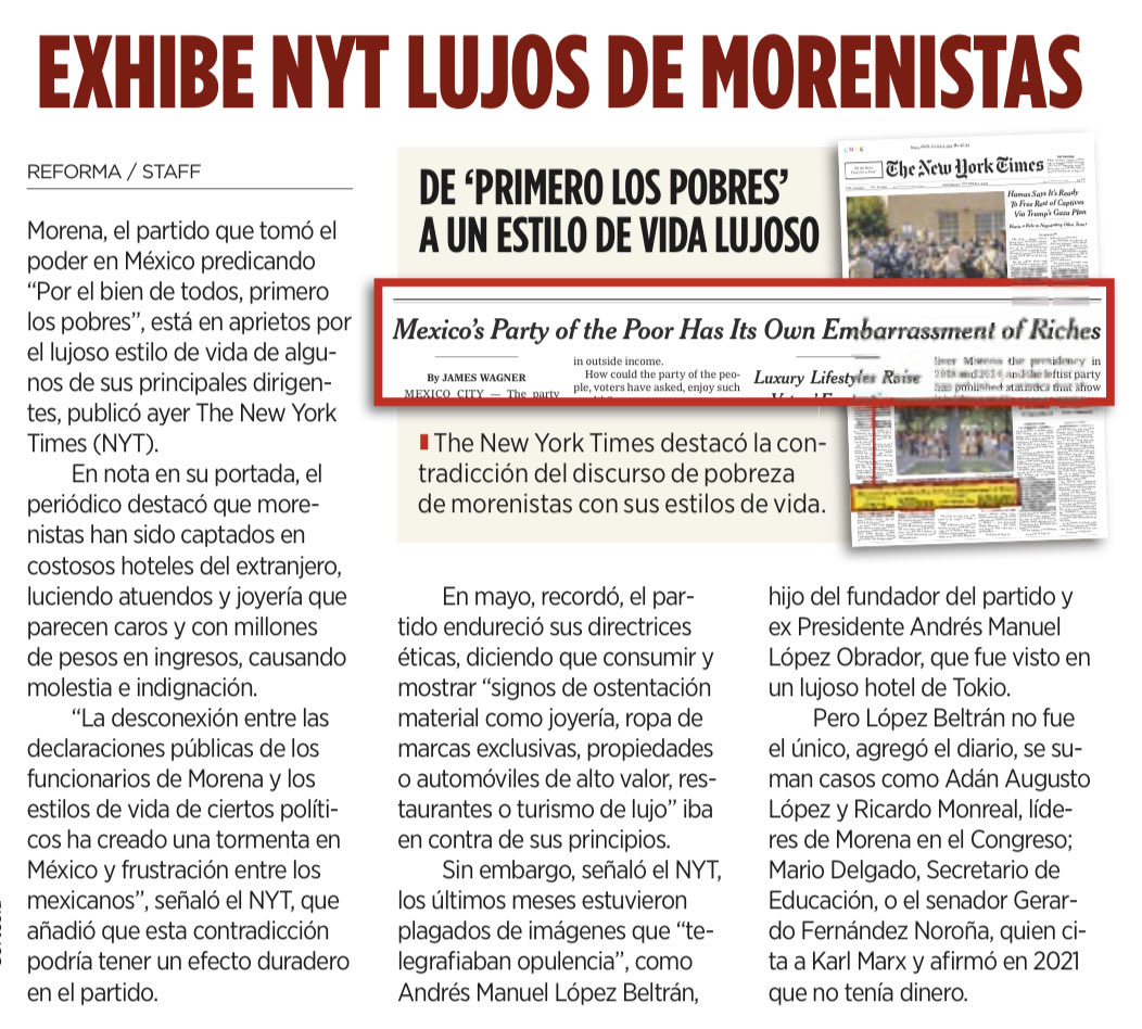 Con todo y “pobreza franciscana” les alcanza para viajar por el mundo, volar en primera, hospedarse en resorts de lujo, vestir de Prada, comer caviar y brindar con champán en sus mansiones.

Son los millonarios de Morena.

El NYT los exhibe como los corruptos y fantoches que son.