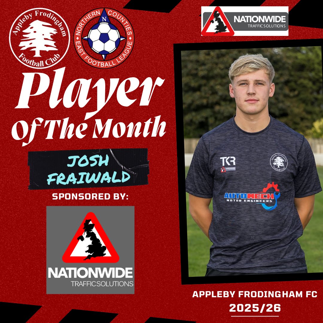 AppFrodFc's tweet photo. Our player of the month for September was Josh Fraiwald 👏

We played 6 games last month, picking up 9 points and Josh performed strongly throughout and contributed by scoring four goals. 

Josh is sponsored by Nationwide Traffic Solutions Ltd. 

UTS 🔴⚫️ https://t.co/Jc4TmBjt4b