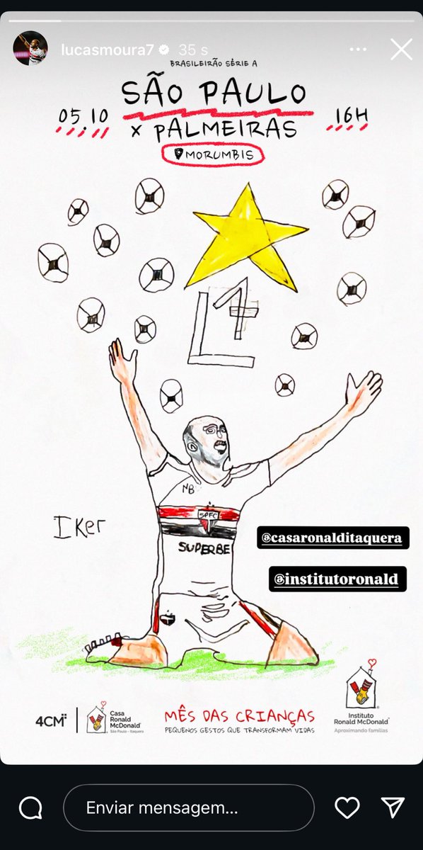 Choque-Rei especial! Lucas Moura, Pablo Maia e Ferreirinha postaram desenhos de crianças do <a href="/institutoronald/">Instituto Ronald McDonald</a> para a MATCHDAY da partida de hoje. Homenagem ao mês da criança!