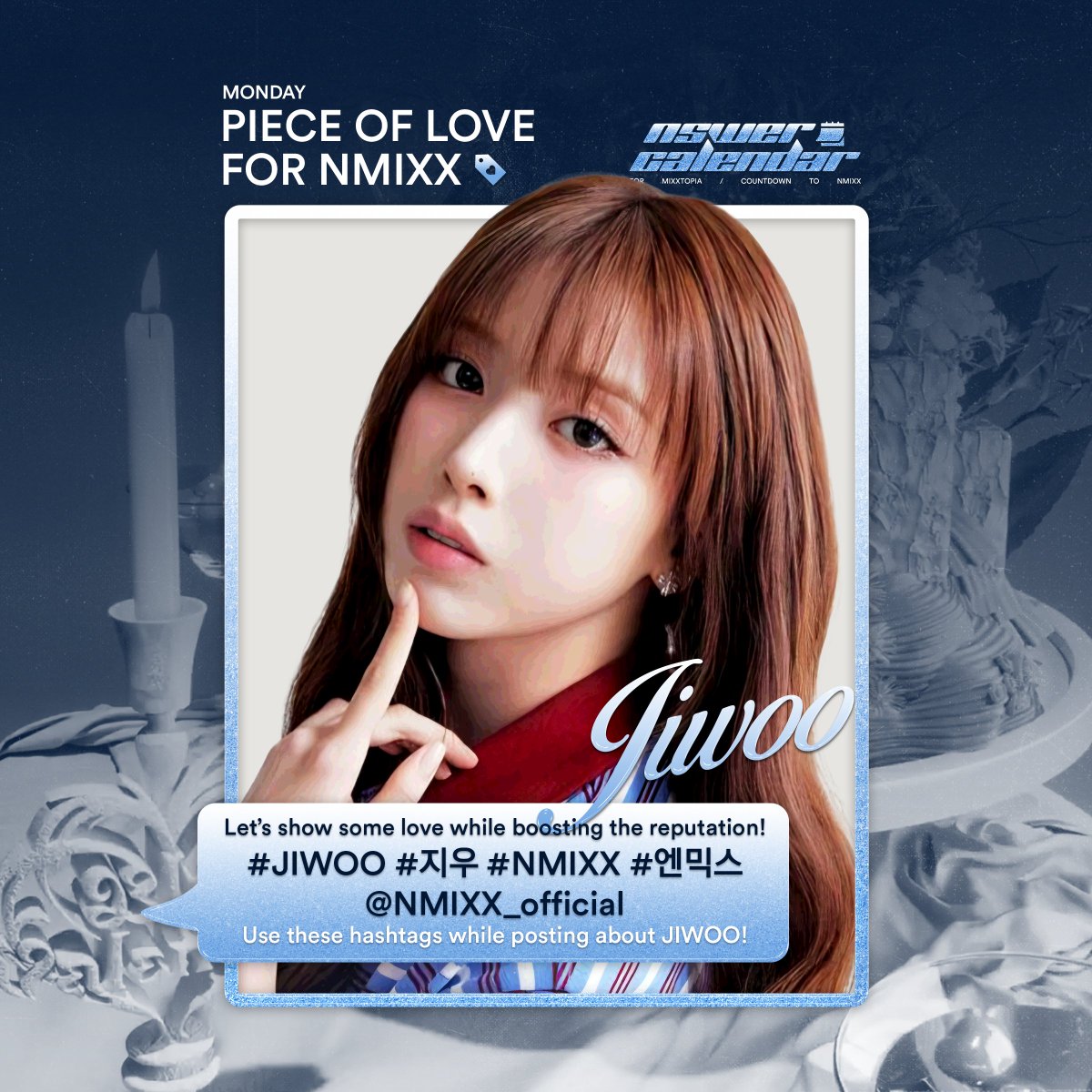 mixx_sched's tweet image. (📣) today’s Piece of Love is for our adorable puppy, JIWOO!

reply with your favourite things about JIWOO along with the hashtags 👇🏻
#JIWOO #지우 #NMIXX #엔믹스 @.NMIXX_official

repost to reach more nswers! 🐳