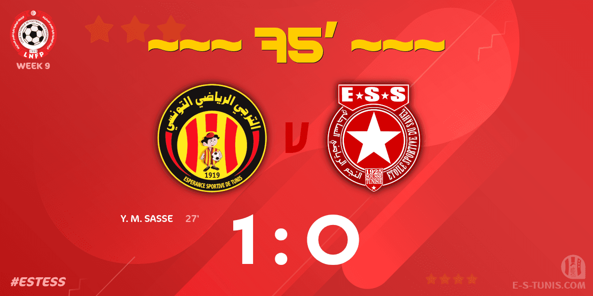 ESTuniscom's tweet photo. ⏱ 75' | #Ligue1Tn🇹🇳 Week 9 #ESTESS | @ESTuniscom 1⃣-0⃣ #ESSahel : Score reminder / تذكير بالنتيجة / Rappel du score https://t.co/k42gjAFtPf