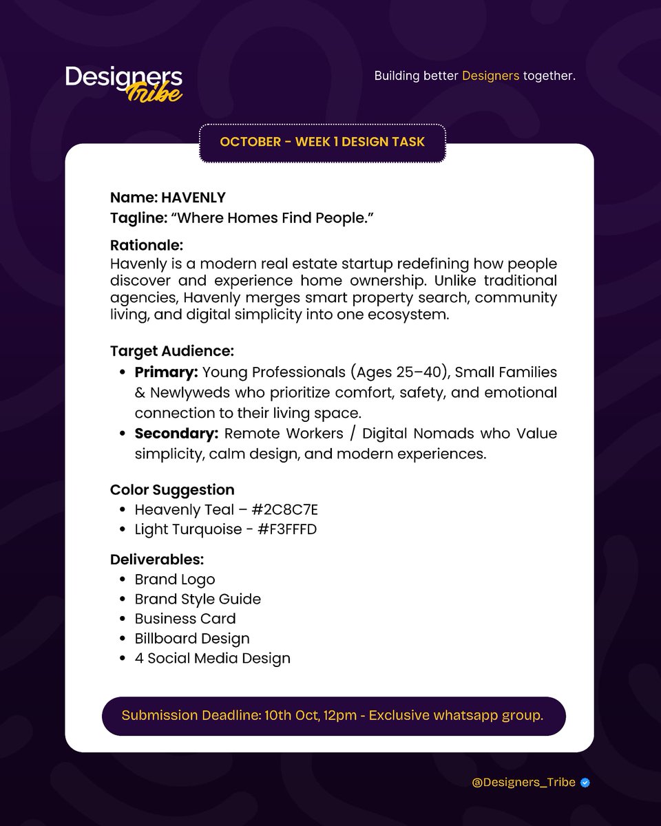 Designers_Tribe's tweet image. DESIGN BRIEF

FRAME 1 for Graphic Designers

FRAME 2 for Ui/Ux Designers

Brand Name: HAVENLY

Tagline: Where Homes Find People.

Target Audience 

Primary: Young Professionals (Ages 25–40), Small Families &amp;amp; Newlyweds who prioritize comfort, safety, and emotional connection to…