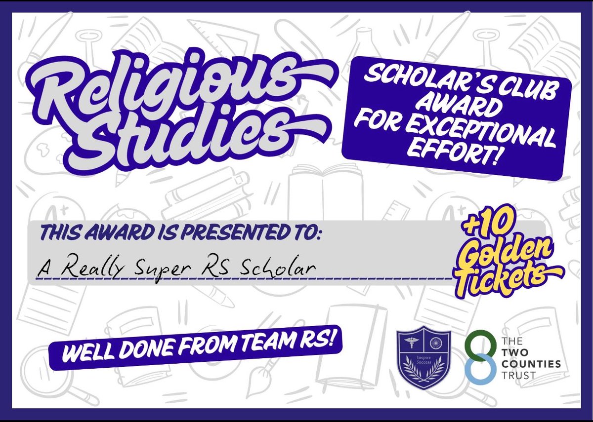Team RS are excited to be nominating our HT1 Scholar’s Club Award for Exceptional Effort Winners this week. ⭐️ 

All winning scholars will receive the following certificate and 10 Golden Tickets! 

#Ambition #Teamwork #Honesty #Respect #ReligiousStudies