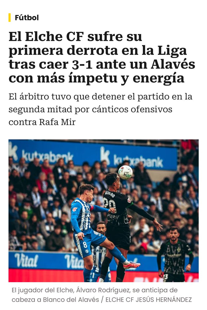 CRÓNICA | ALAVÉS - ELCHE

El Elche CF sufre su primera derrota en la Liga tras caer 3-1 ante un Alavés con más ímpetu y energía 

👀 cadenaser.com/comunitat-vale…

✍🏻 <a href="/PepeMorago/">JOSÉ JIMÉNEZ MORAGO</a> 

#AlavesElche #ElcheCF #LaLiga #CarruselElche