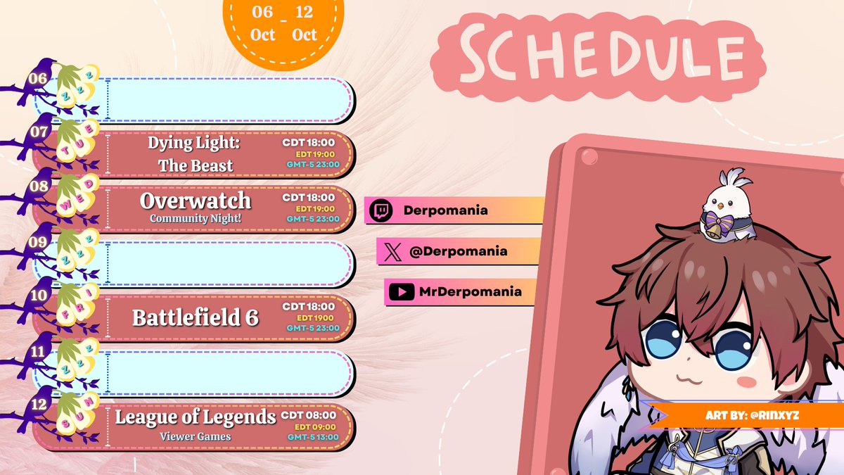 🕊️📺Stream Schedule for October 6 - 12!📺🕊️

Back from Twitter Hiatus! We got multiple community nights this week! Come join in the fun!

#Vtuber #ENVtuber