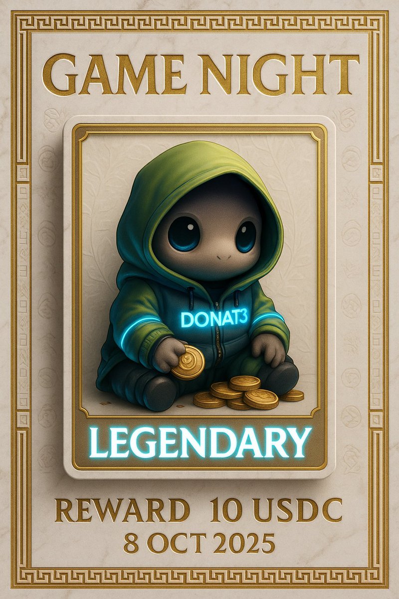 Donat3Live's tweet image. DONAT3 GAME NIGHT🕹️

🗓️ Wednesday, 8 Oct at 9PM (UTC+7) on DONAT3 Discord.
🏆 1st place wins 10 USDC
🎁 All players earn 500 DON3 points

💡 Bonus: Repost this  and earn 200 DON3 points! Don’t miss out!

#DONAT3 #GameNight #CommunityFun
