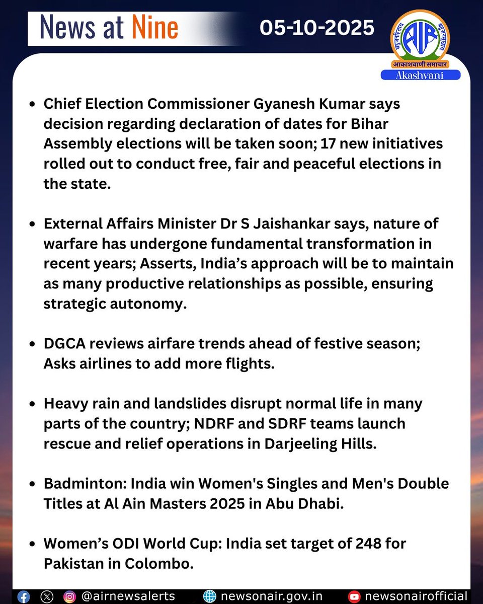 airnewsalerts's tweet image. #NewsAtNine | The Headlines:

▪️Chief Election Commissioner Gyanesh Kumar says decision regarding declaration of dates for Bihar Assembly elections will be taken soon; 17 new initiatives rolled out to conduct free, fair and peaceful elections in the state. 

▪️External Affairs…