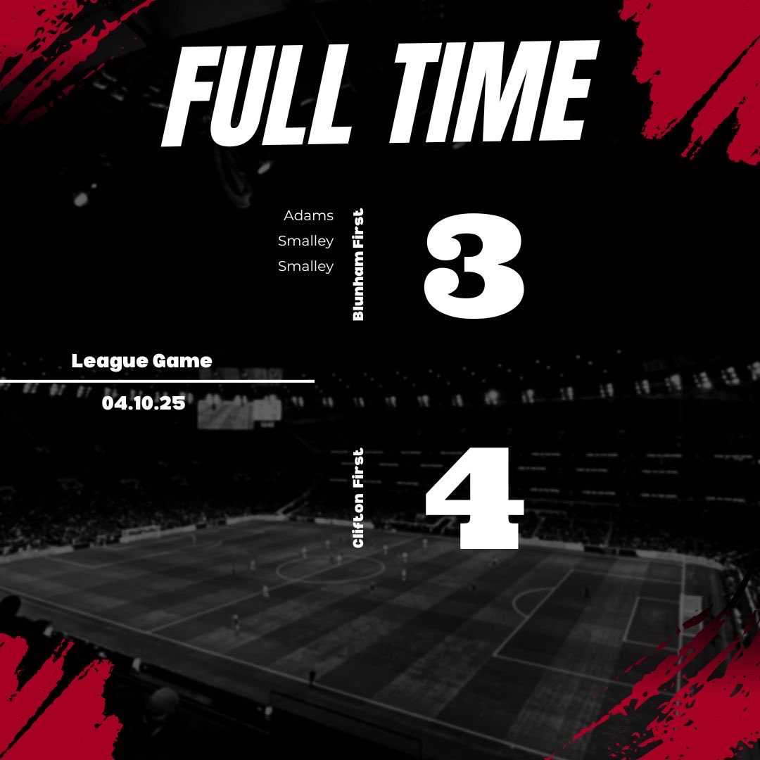 ⚽ FULL TIME ⚽

A tough one to take today as we fall to our first league defeat of the season. Goals from Adams and Smalley (x2).

We’ll regroup and look to bounce back next week 💪🔴⚫️

#BlunhamFC #UpTheBlunham #Matchday #FullTime #LocalFootball