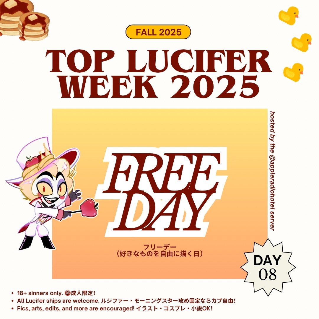 appleradiohotel's tweet photo. DAY 8 OF TOP LUCIFER WEEK
Sadly, the last day😔
Today is a free day, so, show us your creativity! Go all out!! :3
@TopLuciferWeek #TopLuciferWeek2025 #HazbinHotelLucifer https://t.co/YPyukvYKez