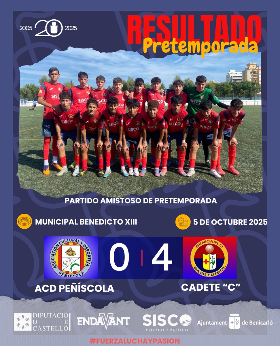 ❤️💙 𝗣𝗥𝗘𝗧𝗘𝗠𝗣𝗢𝗥𝗔𝗗𝗔 2025/26 📌 𝗖𝗔𝗗𝗘𝗧𝗘 "𝗖"⚽

𝙋𝘼𝙍𝙏𝙄𝘿𝙊 𝙋𝙍𝙀𝙏𝙀𝙈𝙋𝙊𝙍𝘼𝘿𝘼

📆 Sábado 4 de Octubre
🏟️ Municipal Benedicto XIII
𝗔𝗖𝗗 𝗣𝗘ÑÍ𝗦𝗖𝗢𝗟𝗔 2️⃣ 𝗖𝗔𝗗𝗘𝗧𝗘 "𝗖" 4️⃣
⚽ Antonio
⚽ Jesús
⚽ Moha Ouhra
⚽ Sinan

🚀 !Vamos rojill@s!🔥💯