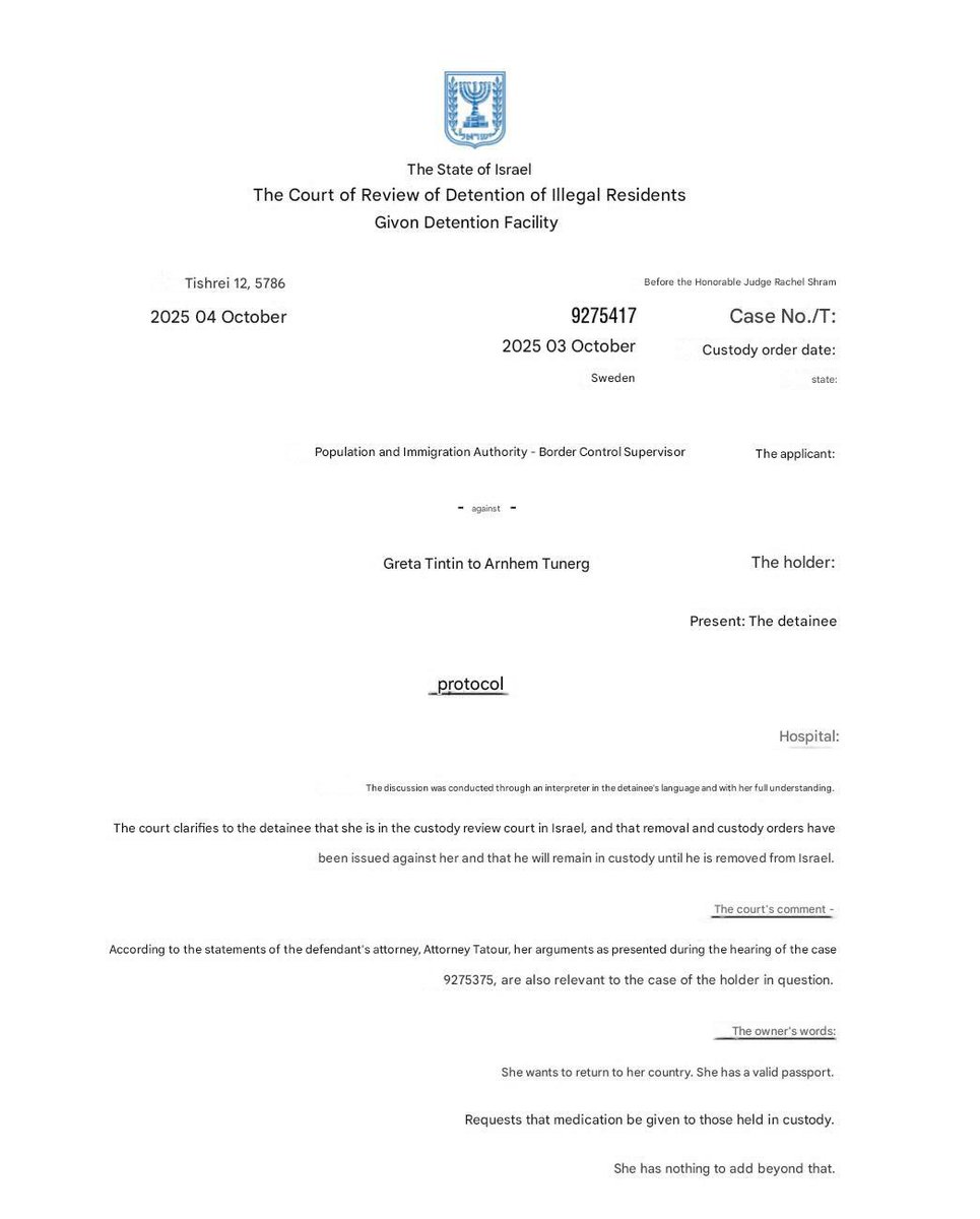 Enligt israeliska domstolshandlingar klagade Greta aldrig på att ha behandlats illa i förvar – trots att internationella medier och aktivister ivrigt rapporterat motsatsen.

Och vem visste att hennes mellannamn är Tintin?
