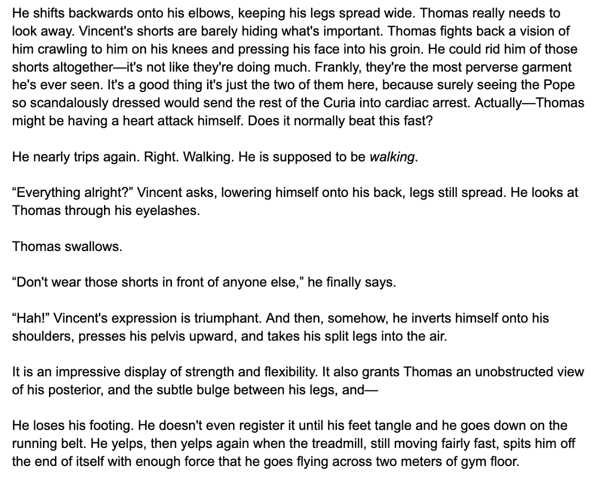 Conclave fandom, it's decided: I'll begin posting Nasoni's very unserious sequel, With Key, on 10/17! I'll post the first 2 chapters and then 1 a week until it's complete (there will be 9 chapters; it's longer than Nasoni!)

Snip below featuring Vincent's weaponization of yoga 💀
