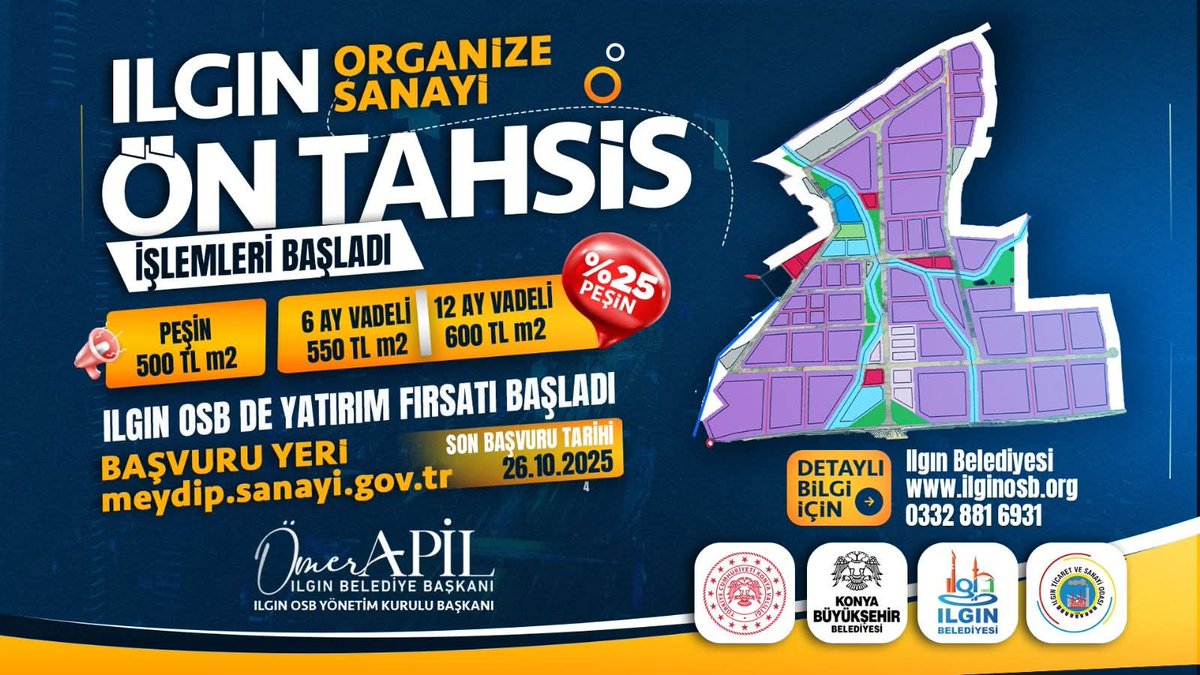 ilginto's tweet photo. 📢 ILGIN OSB ÖN TAHSİS SÜRECİ BAŞLADI!
◼️ Metrekare fiyatları:
🔸 Peşin: 500,00 TL/m²
🔸 6 Ay Vadeli: 550,00TL/m²
🔸 12 Ay Vadeli: 600,00 TL/m²
📅 Son Başvuru Tarihi: 26 Ekim 2025
💻 Başvuru Adresi: https://t.co/7EiQcblWrr
📞 Detaylı bilgi: https://t.co/wK27zPTeNl https://t.co/zlngCGEY4o