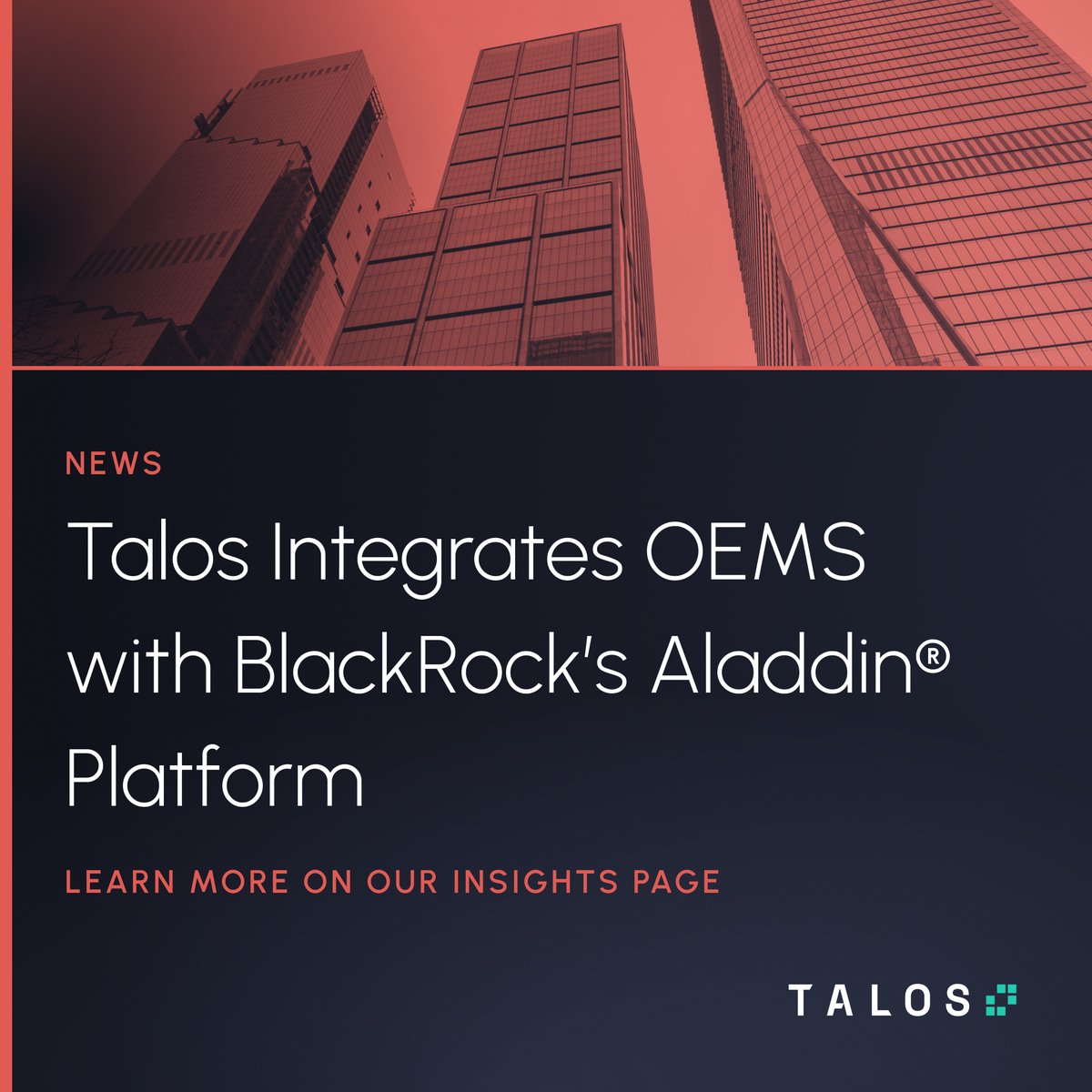 talostrading's tweet image. Talos has integrated its OEMS with BlackRock&apos;s Aladdin® platform  to expand institutional digital asset order management capabilities for Aladdin users.  

This integration unlocks greater efficiency for institutional trading. BlackRock’s team executed over $1 billion in trading…