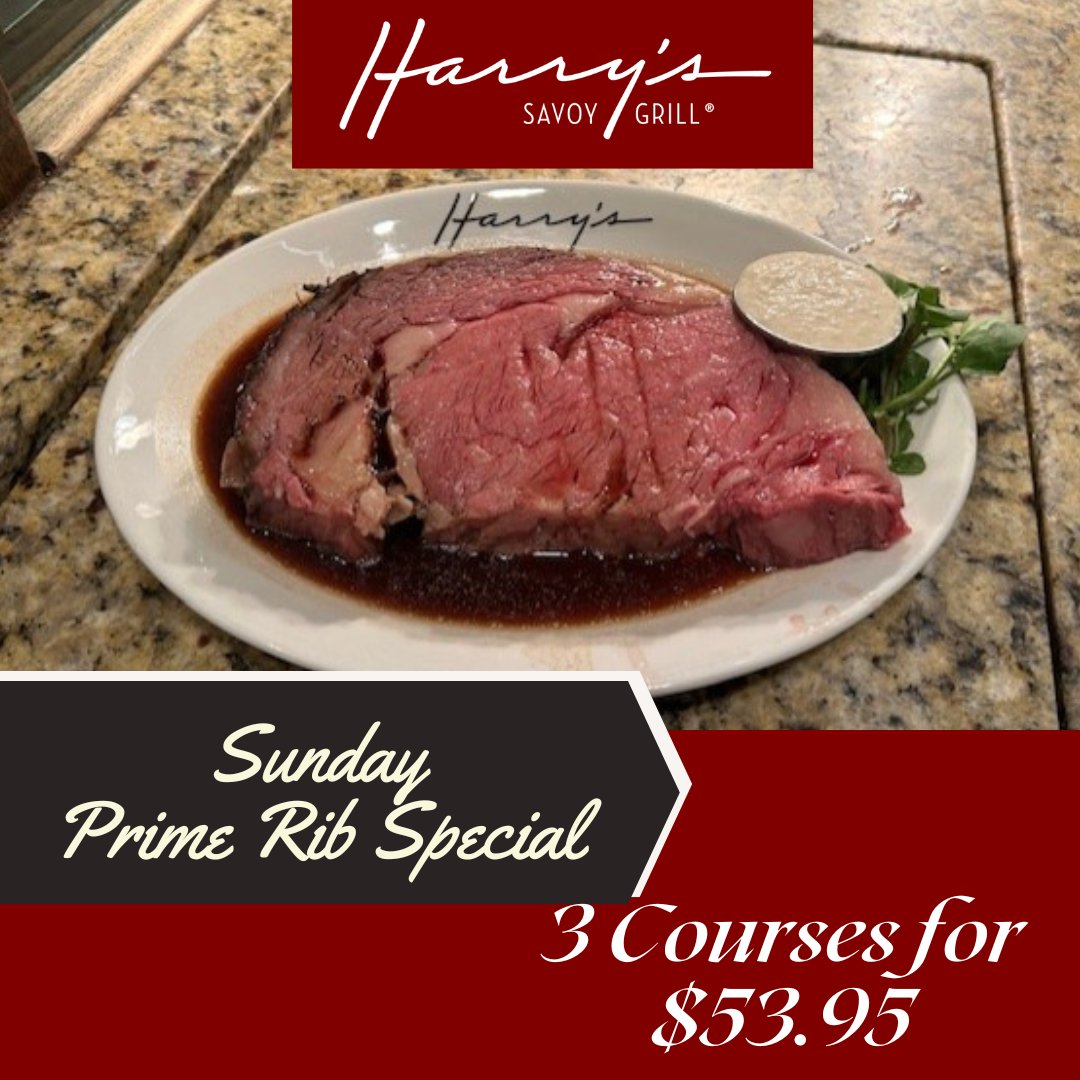 Your Sunday 3-course dinner is here! For $56.95, enjoy New England clam chowder or Caesar salad, chef's cut prime rib with whipped potatoes, and crème brûlée!  It's a great day to savor a great meal!

#PrimeRib #SundaySpecial #DelawareEats #HarrysSavoyGrill