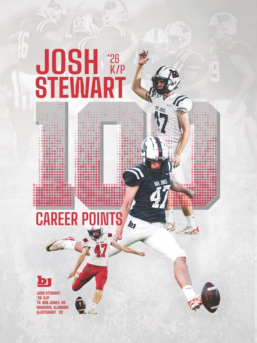 JStewart_26's tweet image. Friday I scored my 100th varsity career point by kicking a 35yd FG &amp;amp; PAT! Thankful for my family, coaches, trainers, ST unit, teammates, &amp;amp; friends for the support &amp;amp; cheering me on! @KelvisWhite @BJHS_Football @BJRecruiting @Coachjb_10 @Coach_BYoung @_Mike_McCabe @AL7AFootball
