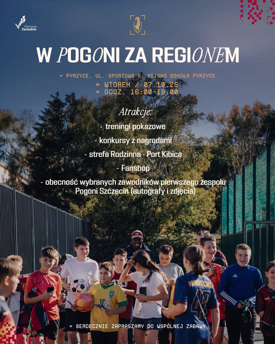 A group of people, including children and adults, standing outdoors on a sports field. Some individuals wear Pogoń Szczecin soccer jerseys in blue and red. A soccer ball is visible, held by one of the children. A fence and trees form the background.
