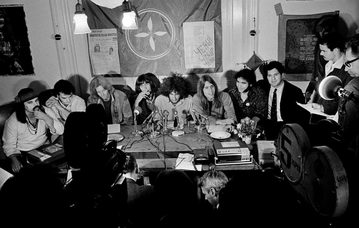 GratefulDead's tweet photo. This week in 1967, Rock Skully, Danny Rifkin, and members of the Grateful Dead hosted a press conference to address the raid on their 710 Ashbury residence on October 2. Pigpen, Bobby, Rock, Danny, along with a few others who happened to be home when the cops busted in, were jailed for about six hours and released on $500 bail. Opening the conference, Danny remarked “Behind all the myths is the reality. The Grateful Dead are people engaged in constructive, creative effort in the musical field, and this house is where we work as well as our residence. Because the police fear and misinterpret us, our effort is now interrupted as we deal with the consequences of a harassing arrest."

Photo by Jim Marshall