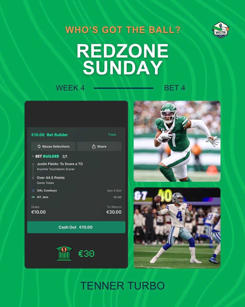 Tenner Turbo Week 4⚡️

To round off the week we’re going with a #Redzone double for the #Jets vs #Cowboys game✈️

We’re going for Justin Fields to grab a touchdown anytime and the total points to be over 44.5🤠

Let’s end this week on a high⬆️

#TennerTurbo