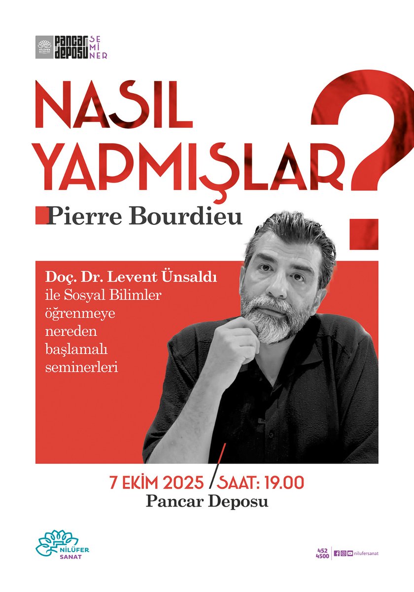 Bursa Nilüfer Belediyesinin girişimiyle şöyle bir etkinlik dizisine başlıyoruz: Nasıl Yapmışlar? 8 ay boyunca, her ayın ilk salı günü bir düşünürün nasıl yaptığına, ürettiğine, muhakeme şekline, yöntemine odaklanacağız. Bu salı P. Bourdieu ile başlıyoruz. Katılım için kayıt