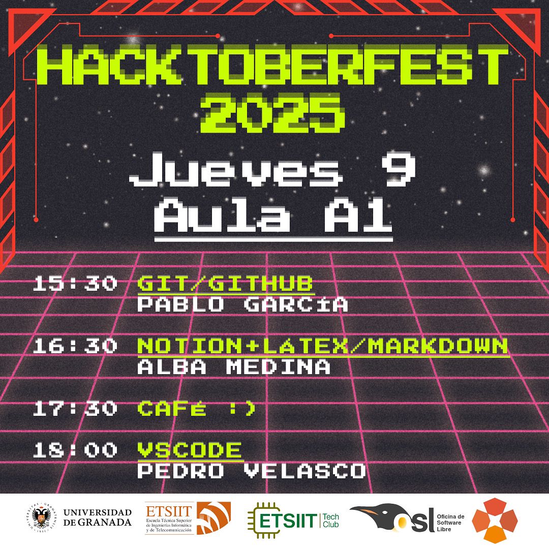 etsiittech_club's tweet image. 📢 ¿Preparado para el Hacktoberfest 2025? 

La @OSLUGR y el ETSIIT Tech Club te invitamos a sumergirte en el evento más esperado de la comunidad del software libre: ¡el Hacktoberfest! 

📍ETSIIT, aula A1
🗓️ Jueves 9 de Octubre, 15:30 - 19:00 

Te lo vas a perder? 🎃✨