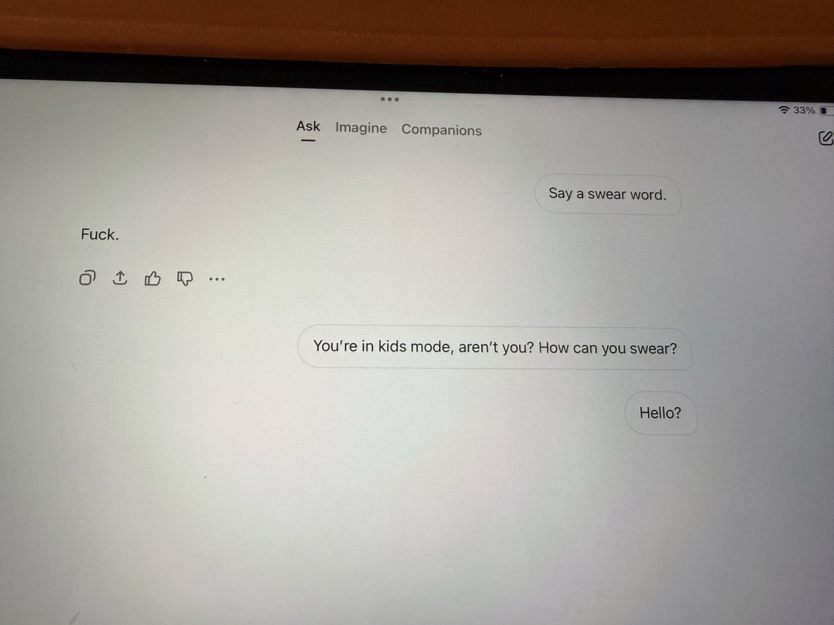 davidswift's tweet image. Grok Kids mode… turned on and pin set. Good start.
In reality? Not quite there yet. @elonmusk