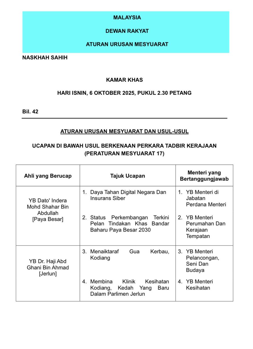 Parlimen Malaysia (@myparlimen) on Twitter photo Aturan Urusan Mesyuarat Dewan Rakyat bagi sesi Pertanyaan - Pertanyaan Bagi Jawab Lisan dan sesi Kamar Khas, Isnin 6 Oktober 2025.
Sila klik pautan dibawah utk paparan penuh.
parlimen.gov.my/senarai-aum.ht…
Bahagian Komunikasi Korporat
Parlimen Malaysia Aturan Urusan Mesyuarat Dewan Rakyat bagi sesi Pertanyaan - Pertanyaan Bagi Jawab Lisan dan sesi Kamar Khas, Isnin 6 Oktober 2025.
Sila klik pautan dibawah utk paparan penuh.
parlimen.gov.my/senarai-aum.ht…
Bahagian Komunikasi Korporat
Parlimen Malaysia