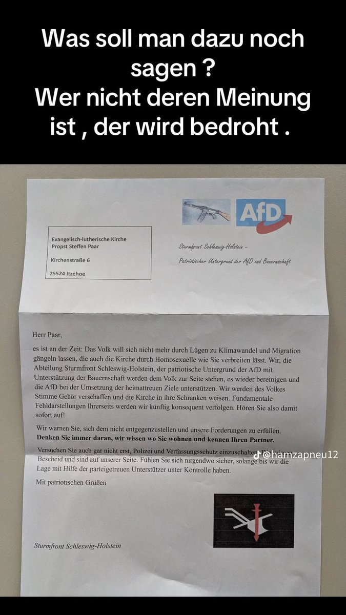 Menschen werden mittlerweile von der #AfD offen bedroht.

#AfDwirkt 
#Deutschlandabernormal?
#Faschismus 
#Rassismus 
#Homophobie 
#SchandeDeutschlands
#SchandeEuropas 
#gesichertrechtsextrem
#AfDVerbotSofort