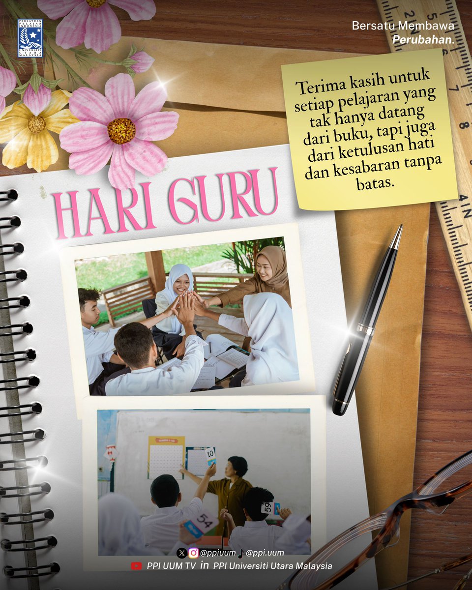 ppiuum's tweet image. Menjadi guru bukan perkara mudah mereka adalah sosok yang menanam harapan di tanah sabar, menyiraminya dengan kasih, dan menunggu bunganya mekar di tangan-tangan generasi penerus. Selamat hari guru untuk semua para guru 👨🏻‍🏫👩🏻‍🏫