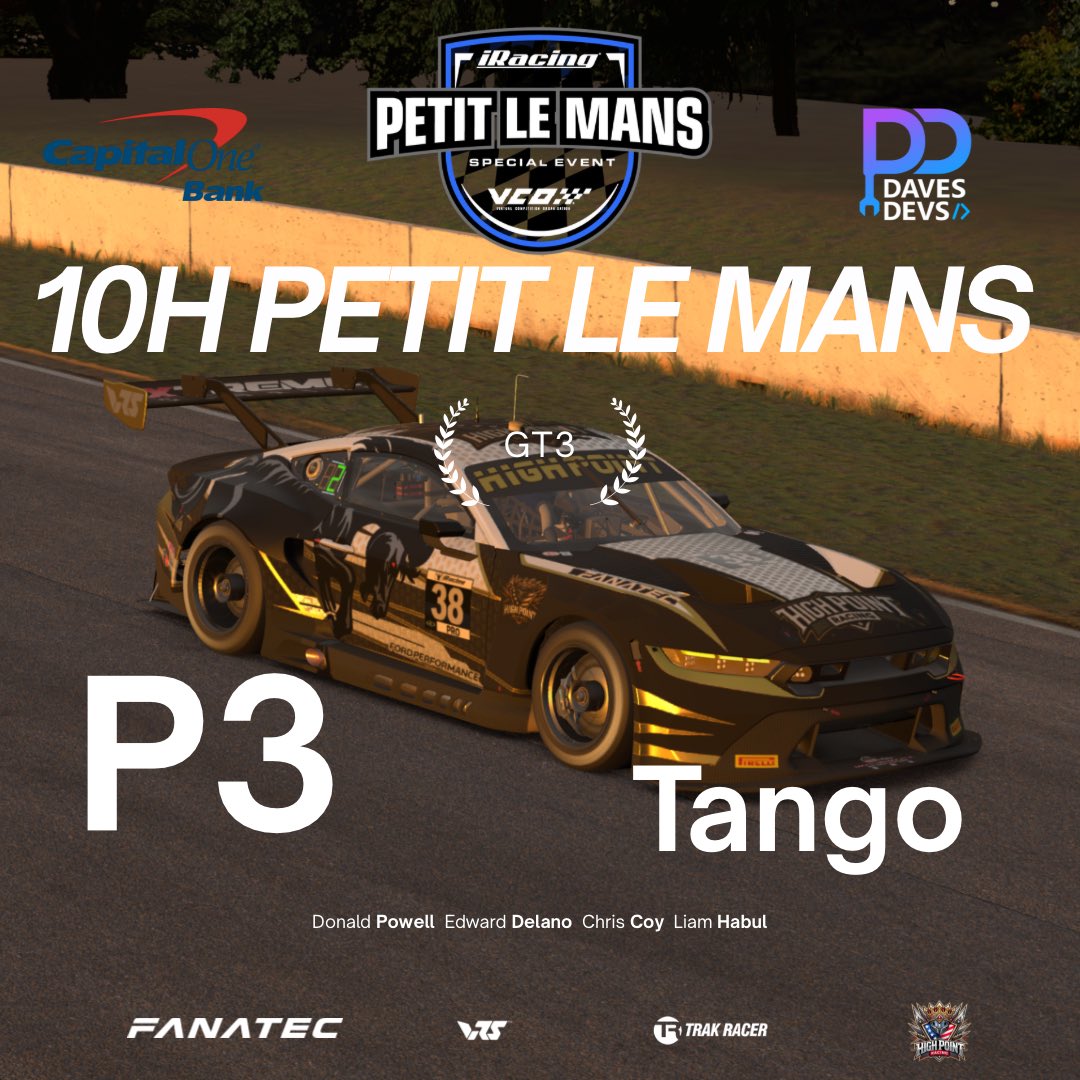 Slot #4 at Noon!
P3 for the High Point Racing Tango Team!
Awesome job bringing it home,solid effort from start to finish.

Huge thanks to all our sponsors and supporters for keeping us on track!

#petitlemans #GT3 #p3 #roadatlanta #iracing