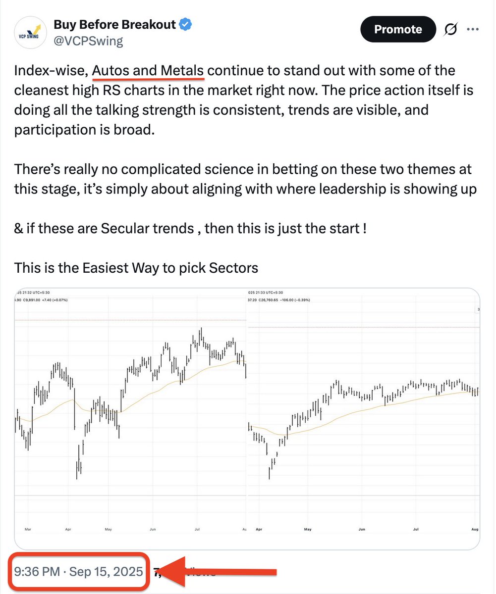 VCPSwing's tweet photo. #WeeklyTrendline
Both setups and index charts indicate that the markets are improving. A few sectors are taking the lead, sectoral moves are getting easier, and some good names are beginning to emerge. After a lengthy period of negative sessions, the tone has unquestionably improved, though I wouldn't yet declare it an established uptrend. The fact that strong sector stocks held their ground during the weakness was encouraging.
Participation also increased as the market rose, it wasn't just a few select names
Sectors in focus (TradingView classification):
Producer Manufacturing (Autos & Engineering) // Non-Energy Minerals (Metals)
Financials // Electronic Technology //Speciality Chemicals
Priority Watchlist also attached , Focusing more on Recently listed IPOs
Tweeted on Metals & Autos as leader Sectors 15 Days back, Now they are Breaking out Big !