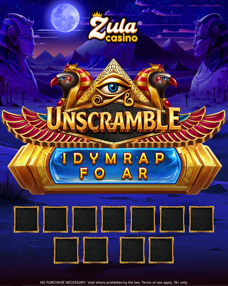 🧠Unscramble Challenge!🧠
 
Solve the challenge and drop your answers in the comments with #ZulaCasino for your chance to win a share of the 40M GC + 500 SC Prize Pool!
 
The deadline is October 6 at 11:59 AM EDT! How fast can you unscramble the mystery?🕵️
 
This content is not