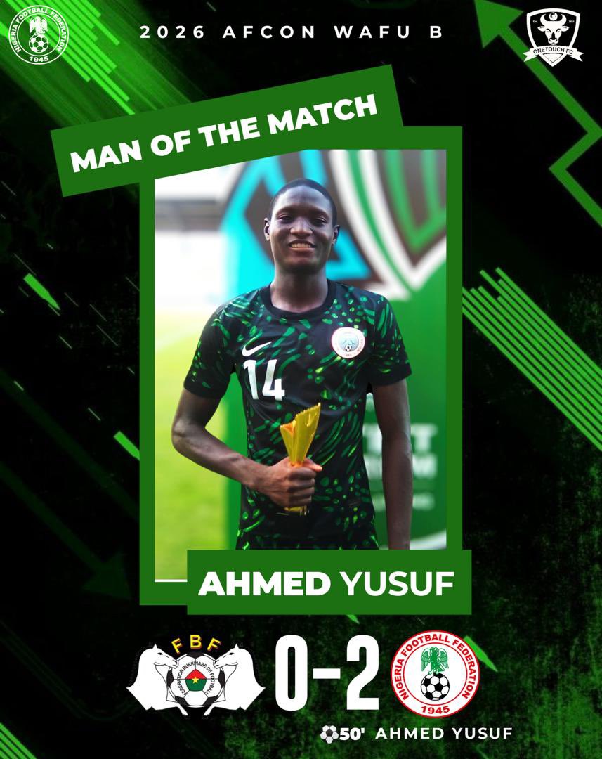 _OneTouch_FC's tweet photo. Proud moment for the One Touch FC family

Our own Ahmed Yusuf is making us proud at the 2026 AFCON WAFU qualifier competition. 

He scored the opening goal in the 50th minute against Burkina Faso securing our spot at 3rd place and was named MAN OF THE MATCH! https://t.co/6kqiD9xrOY