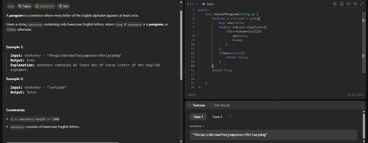 RiteshGupta1724's tweet image. 📆 Day 32/ 100 Days of Coding
Solved LeetCode #1832–Check if the sentence is pangram ✅
👉 Approach: by simply comparing each char from a to z with given string each character
👉 Achieved O( n ) time , space 0( 1 )🚀
#algorithm #100DaysOfCode #LeetCode #cpp