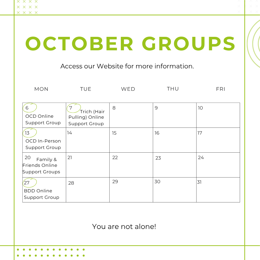 💚 October Support Groups 💚

🗓️ Oct 6 – OCD Online
🗓️ Oct 7 – Trich (Hair Pulling) Online
🗓️ Oct 13 – OCD In-Person
🗓️ Oct 20 – Family &amp; Friends Online
🗓️ Oct 27 – BDD Online

You are not alone 💚

🌐 More info on our website ocdireland.org/bookings/

#OCDIreland #MentalHealth