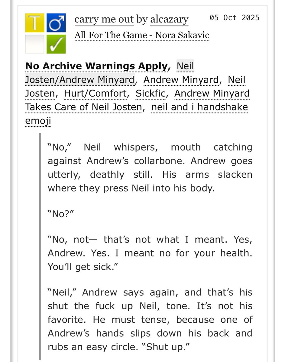 hi everyone!!! writers block has been kicking me in the booty recently so i wrote 2k of andreil 💝 (im very ill about them) 

sickfic &amp; very brief character study 🦊

archiveofourown.org/works/71911481