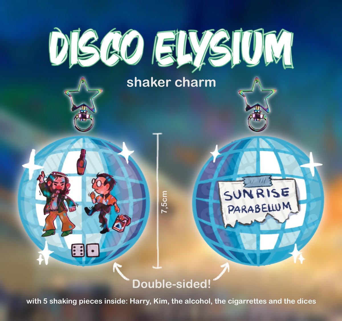 🪩Disco Elysium shaker charm rush-preorder 🪩

✧ Double-sided epoxy with holographic glass effect.
✧ 15€ + shipping! 
✧ payment via paypal/bizum

my dms are open! preorders will close this week

#discoelysium

(🧵⬇️ for the full description product &amp; interactive post 😈​)