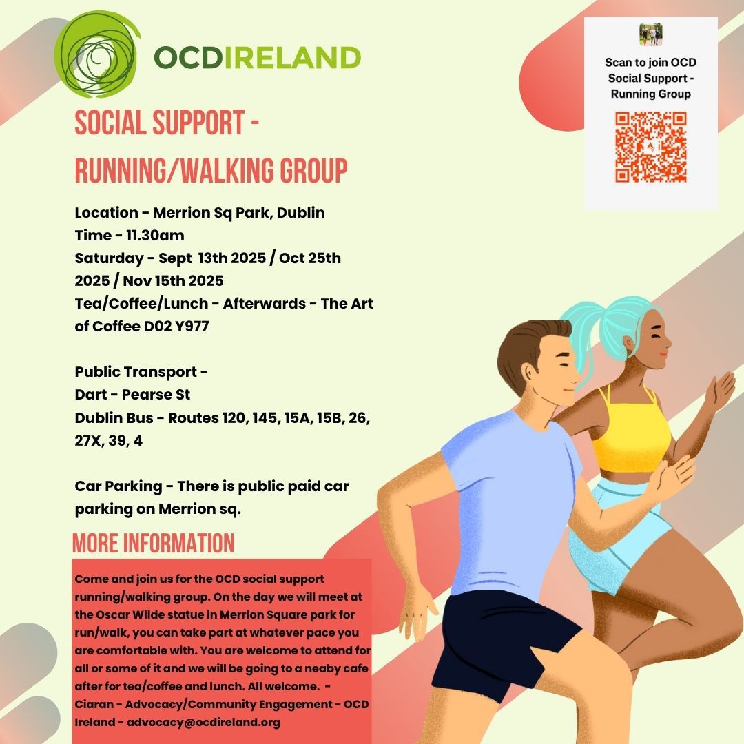 💚 Join our OCD Ireland Running/Walking Group!

📍 Merrion Sq Park, Dublin
🕦 11:30 AM
📅 Oct 25 
☕ Tea/Coffee after at The Art of Coffee

A relaxed way to connect, move &amp; share support.
You are not alone 🌿

#OCDIreland #MentalHealthAwareness